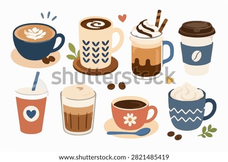 Hot and cold coffee drinks flat illustration collection