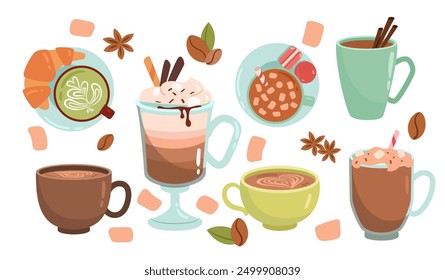 Hot and cold coffee set. Mugs with aroma and beverage. Americano, cappuccino, espresso and mochaccino. Frappe and doppio, mocha. Flat vector collection isolated on white background