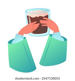 Bebida fría o caliente. Macchiato frío en vidrio, café con leche o capuchino. Concepto de energía de la mañana, bebida de desayuno. Las manos sostienen la taza de café. Acogedora ilustración dibujada a mano de Vector 