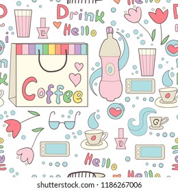 Hot and cold drink seamless pattern. With flowers, glasses, hearts, love, aroma, smell.