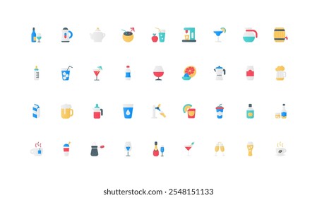 Hot and cold drinks of bar and cafe menu, tea with steam and coffee break color icon set. Beverages in bottle and takeaway cup, soda water can and juice, alcohol flat elements vector illustration