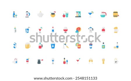 Hot and cold drinks of bar and cafe menu, tea with steam and coffee break color icon set. Beverages in bottle and takeaway cup, soda water can and juice, alcohol flat elements vector illustration