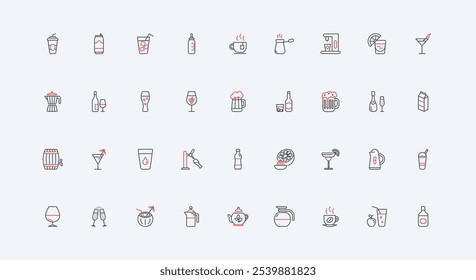 Bebidas frías y calientes para un estilo de vida saludable, menú de barra de alcohol para el conjunto de iconos de línea de fiesta. Botella de agua y vaso con cubitos de hielo, vino y cerveza, Ilustración vectorial delgada de contorno negro y rojo