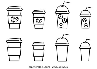 Hot and cold drinks icon set. Paper coffee cup different size sign. Disposable plastic cup with straw for iced coffee symbol. svg