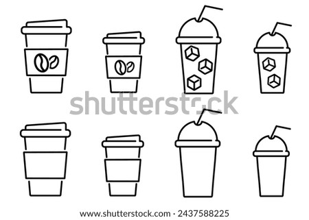 Hot and cold drinks icon set. Paper coffee cup different size sign. Disposable plastic cup with straw for iced coffee symbol.