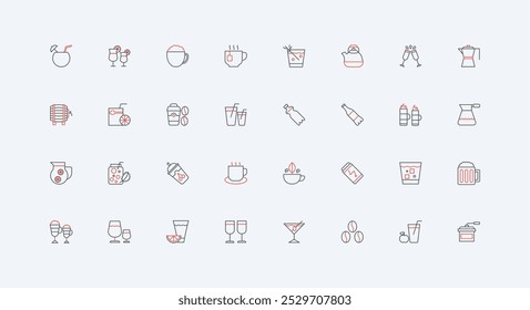 Hot and cold drinks, restaurant bar menu beverages line icon set. Coffee and tea, alcohol and healthy juice, energy drink and kitchen equipment thin black and red outline symbols vector illustration