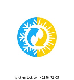 Hot and cold - flat vector icon with symbols of sun and snowflake - climate control, difference, climate change, thermometer - temperature index visualization