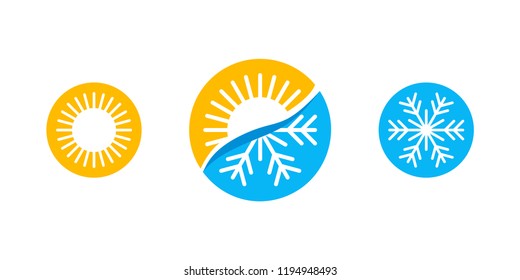 Hot and cold - flat vector icons with symbols of sun and snowflake - climate control, difference, climat change, thermometer - temperature index  visualization