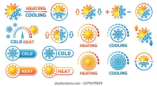 Heiz- und Kälteanlagen, Heizung, Kühltemperaturregulierung, Sonne- und Schneeflocken-Klima-Kontrollknopf Icon Set. Schnee Winter, Sommerwetter. Warmer Gefriersensor. Kühler, Heizung, Thermostatausrüstung. Vektorgrafik