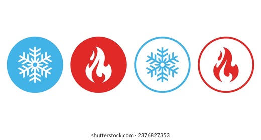 Icono caliente y frío. Señal de fuego y copo de nieve. Botón de calefacción y refrigeración.