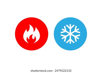 Icono caliente y frío. Señal de fuego y copo de nieve. Botón de calefacción y refrigeración. Señales de llamas y copos de nieve. Vector