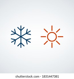 Icono caliente y frío, símbolos de sol y copos de nieve. El clima o el concepto de temperatura. Ilustración vectorial de material aislada en fondo blanco.