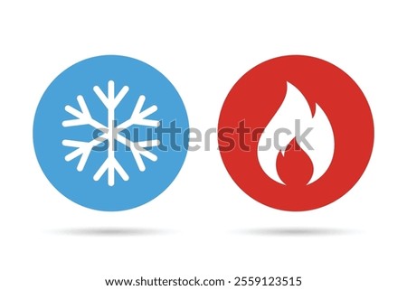 Hot and cold icons. Fire and ice sign. Snowflake and fire flame icon. Heating and cooling button.