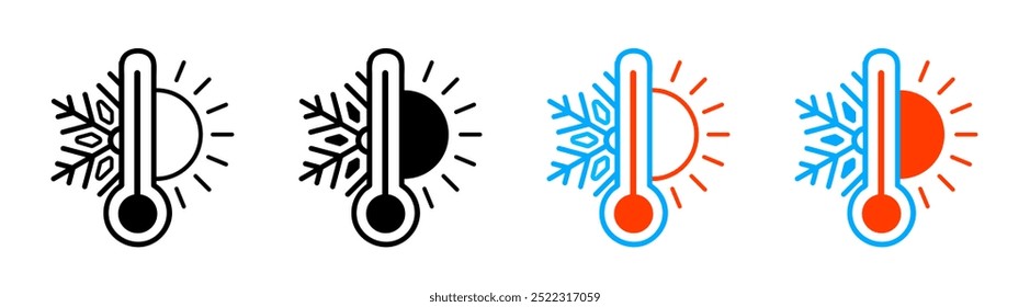 Iconos calientes y fríos. Logotipo del concepto del sol y del copo de nieve toda la estación. Símbolo de temperatura del aire. 