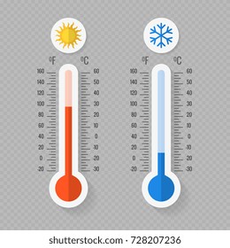 Hot and cold meteorology thermometers on transparent background. Blue and red thermometers. Vector illustration