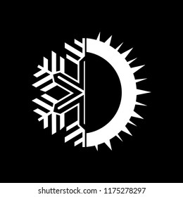 Hot and cold round sign black background. Temperature balance icon. Sun and snowflake line style symbols with red and blue parts of circle. Climate weather logo