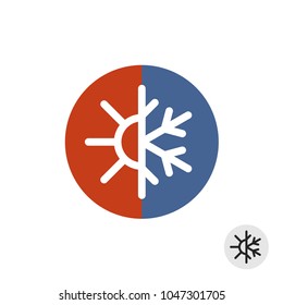 Hot and cold round sign. Temperature balance icon. Sun and snowflake line style symbols with red and blue parts of circle. Climate weather logo.