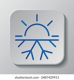 Hot cold, sun snow simple icon vector. Flat design. Paper cut design. Cutted blue symbol with shadow. Gray badge button, gray background.ai