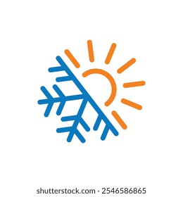 Símbolo quente e frio. Modelo de design de logotipo quente e frio. O sol e o floco de neve todo o logotipo do conceito da estação.