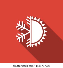 Hot and cold symbol. Sun and snowflake icon isolated with long shadow. Winter and summer symbol. Flat design. Vector Illustration
