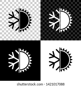 Hot and cold symbol. Sun and snowflake icon isolated on black, white and transparent background. Winter and summer symbol. Vector Illustration
