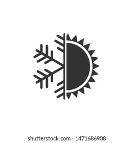Hot and cold symbol. Sun and snowflake icon isolated. Winter and summer symbol. Flat design. Vector Illustration