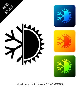 Hot and cold symbol. Sun and snowflake icon isolated. Winter and summer symbol. Set icons colorful square buttons. Vector Illustration