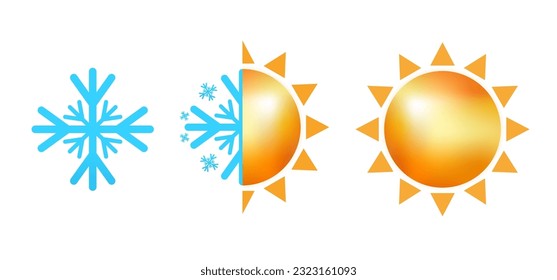 Hot and cold symbol of sun and snowflake - climate control, difference, climate change, thermometer - temperature index visualization. Vector illustration