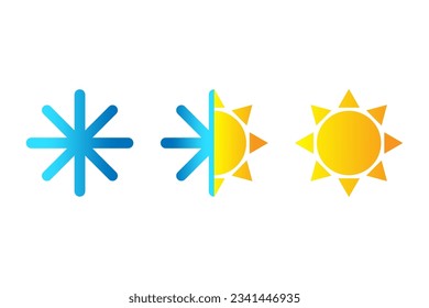 Hot and cold symbol of sun and snowflake. Climate control sign. Temperature index visualization. Difference, climate change, thermometer symbol. Vector illustration. Eps 10.