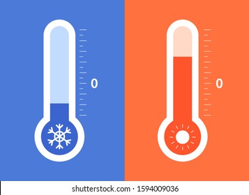 Hot and cold temperature - flat design style vector illustration. Blue and red images of scales, mercury thermometers with snowflake and sun symbols. Indicators, weather signs with different index