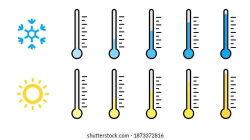 Hot and cold temperature graduation. High and low temperature. Celsius thermometers set. Thermometers set in flat style on white background. High temperature. Vector graphic. EPS 10