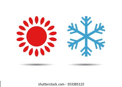 Hot And Cold Temperature Icon. Sun And Snowflake Logo.