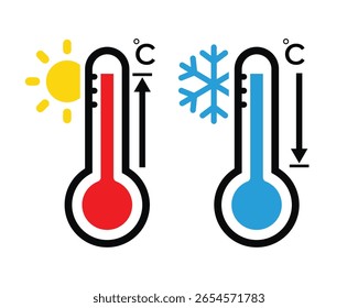 Ícones de temperatura quente e fria com termômetros, escala Celsius, sol e floco de neve