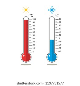 Hot and cold temperature on celsius. Blue and red thermometer.