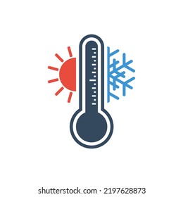 hot and cold temperature pictogram, thermometer with sun and snowflake symbols, flat vector icon