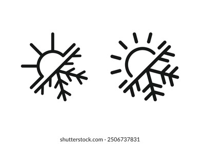 Hot and cold temperature symbol. Sun and Snowflake sign. The air conditioning and climate control concept icons are in line style design.