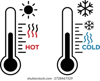 Hot and Cold Temperature Thermometer Measurement Icons with Weather Symbols for Climate and Forecast Concept Vector