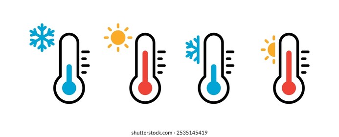 Iconos planos del Vector de los termómetros de la temperatura caliente y fría fijados en el fondo blanco. Termómetro de Clima de invierno y verano con copo de nieve y símbolos solares. Colección plana de baja y alta temperatura.