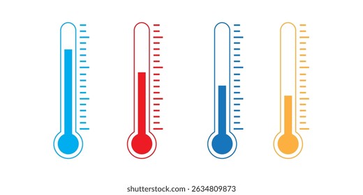Ícone de vetor de temperatura quente e frio definido isolado no fundo branco. Termômetro de inverno e verão com floco de neve e símbolos de sol. Coleção de ilustração plana de baixa e alta temperatura.