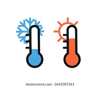 Hot and Cold Themperature icon. Clipart image isolated on white. Blue and red thermometer icons. Temperature icon. Vector graphics isolated on white background.