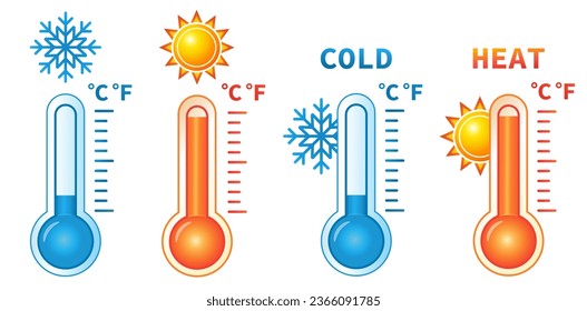 Hot and cold thermometer, high and low temperature, heat and cool mercury measuring scale with sun, snowflake icon set. Warm sunny summer, snow frozen winter weather. Warmth, freeze indicator. Vector