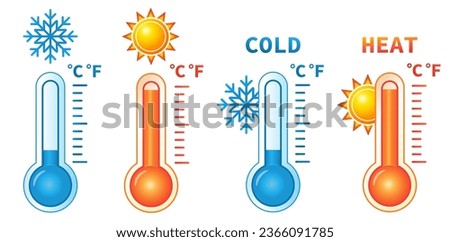 Hot and cold thermometer, high and low temperature, heat and cool mercury measuring scale with sun, snowflake icon set. Warm sunny summer, snow frozen winter weather. Warmth, freeze indicator. Vector