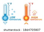 Hot and cold thermometer icon set. Low and high temperature on measuring sсale. Meteorological measurements weather in summer and winter. Control level cooling and heating of equipment. Flat vector 