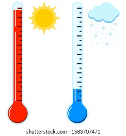 Hot and cold thermometer icon set. Hot sunny and cold snowy weather concept. Glass thermometer signs with sun and cloud with snow. Vector flat design cartoon style illustration. Celsius and Fahrenheit