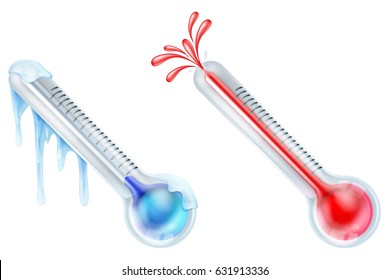 Hot and cold thermometer icon set with one frozen and one bursting