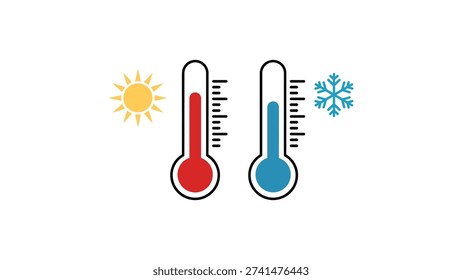 hot and cold thermometer icons with sun and snowflake symbols isolated on white background, temperature weather concept design