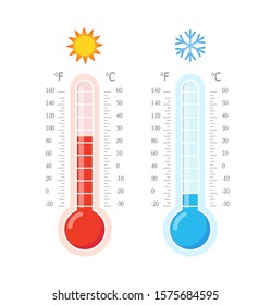 Hot and cold thermometers. Blue and red thermometers. Celsius and fahrenheit meteorology thermometers measuring heat and cold. Vector illustration