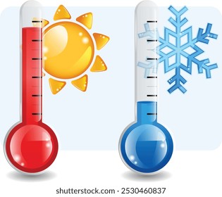 Balões de termômetros quentes e frios com gráficos de sol e floco de neve