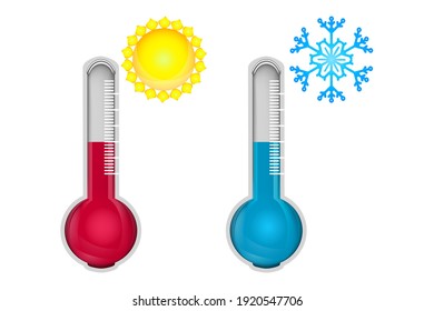 Hot and cold thermometers isolated on white background. Low and high temperature sign. Thermometer measuring heat and cold with sun and snowflake. Blue and red thermometers. Stock vector illustration