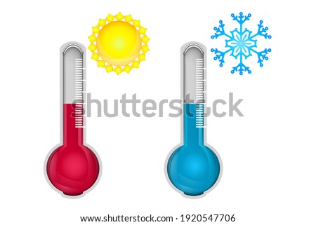 Hot and cold thermometers isolated on white background. Low and high temperature sign. Thermometer measuring heat and cold with sun and snowflake. Blue and red thermometers. Stock vector illustration